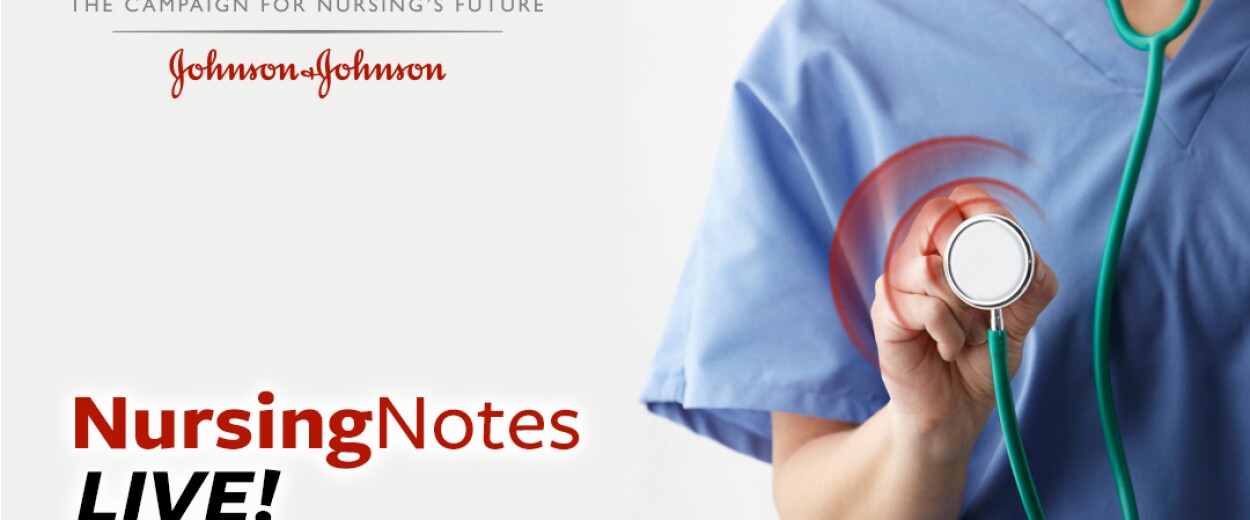 Nursing Notes Live promo banner with nurse in scrubs holding stethoscope