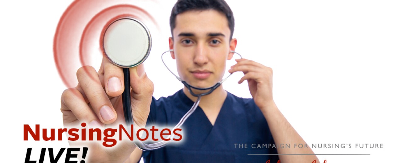 Nursing Notes Live promo with male nurse in scrubs holding stethoscope