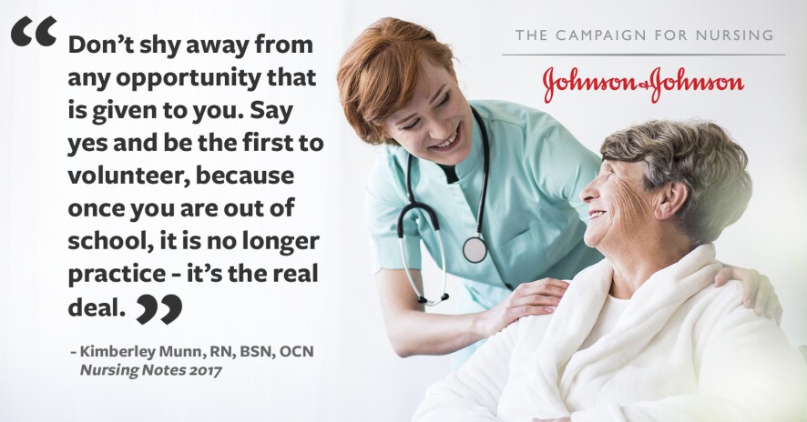 Kimberly Munn quote promo banner with female nurse in scrubs smiling with seated elderly female patient