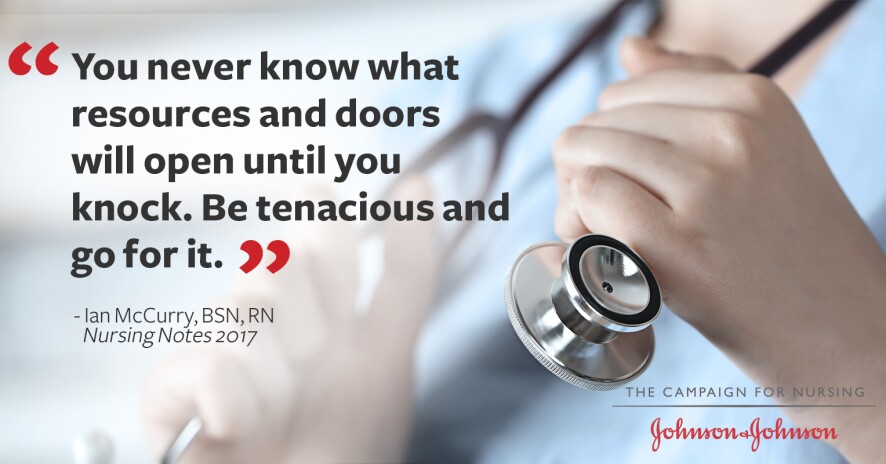 Ian McCurry quote promo banner with close up of nurse in scrubs holding stethoscope in hand