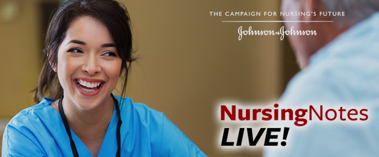 Nursing Notes Live promo banner with female nurse in scrubs smiling
