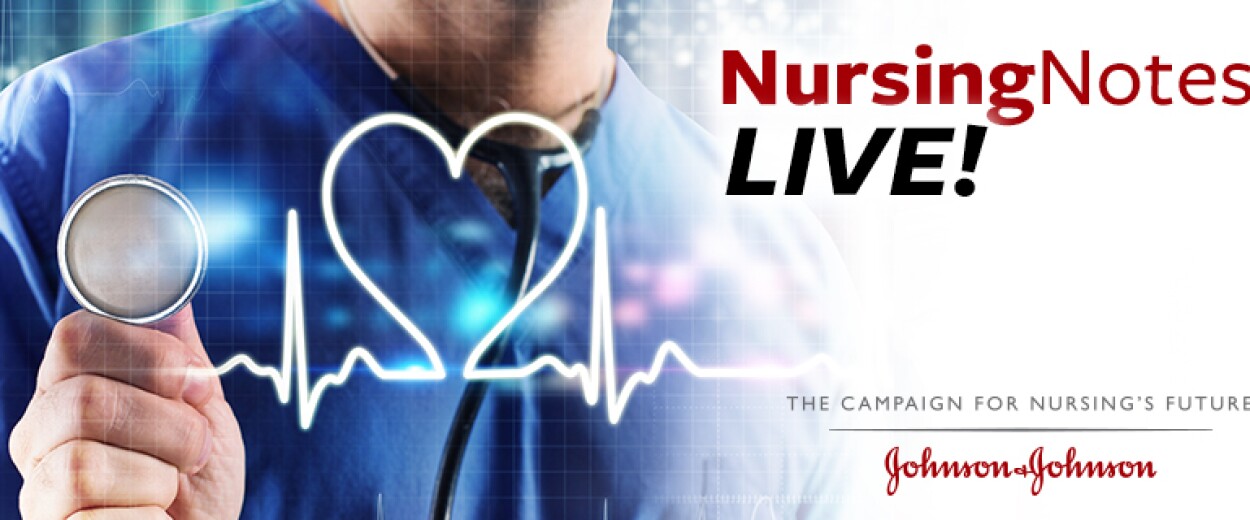 Nursing Notes Live banner promo with male nurse holding stethoscope up to camera