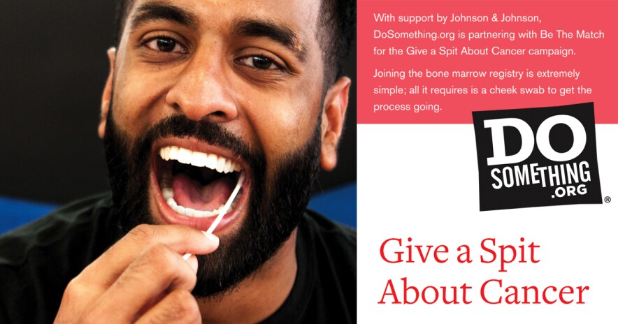 Give a Spit promo banner with information and image of smiling man swabbing his cheek