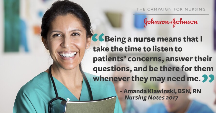 Amanda Klawinski quote promo banner with female nurse in scrubs smiling at camera holding folder