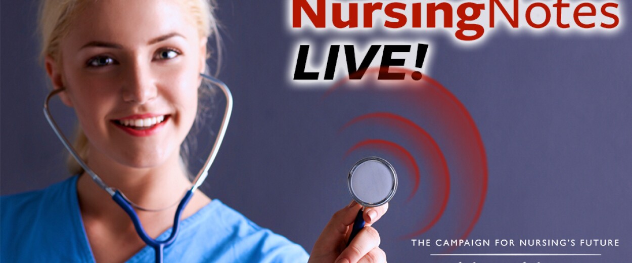 Nursing Notes Live promo banner with female nurse in scrubs holding stethoscope
