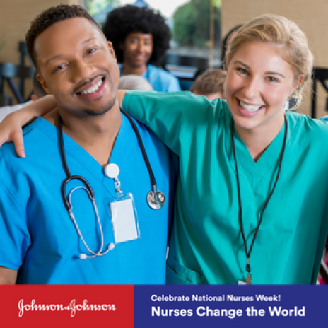 Nurses Change the World promo with male and female nurse in scrubs smiling