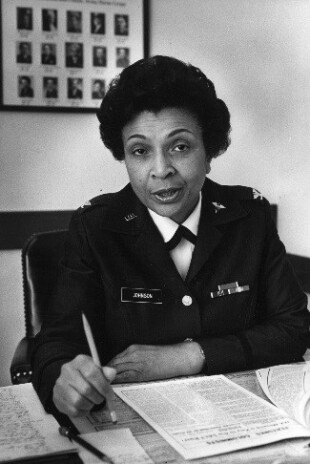 Hazel Johnson-Brown in uniform talking at the camera