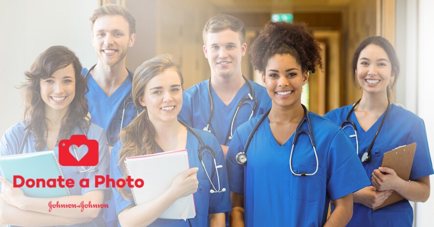 Group of smiling nurses in scrubs with Donate a Photo icon at the side of the image