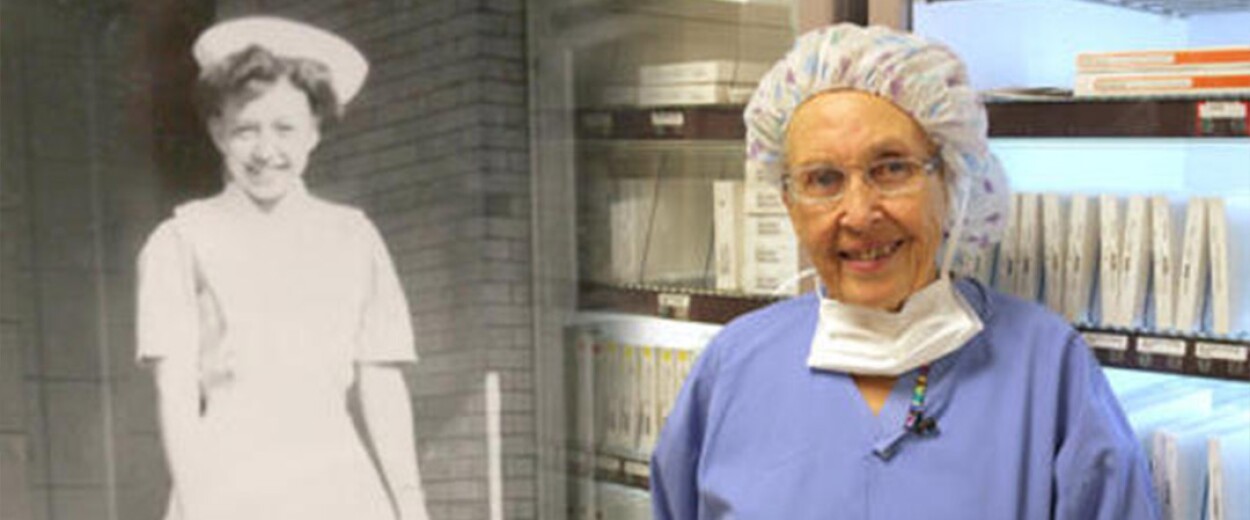 Side by side images of a nurse now, and what she looked like back when she started her profession