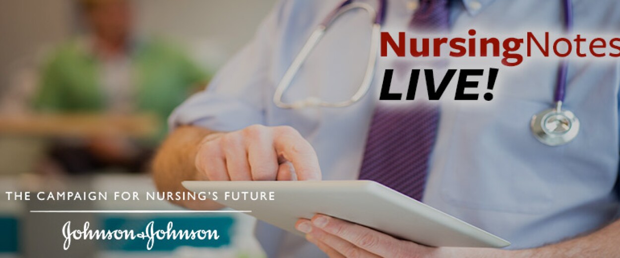 Nursing Notes Live promo banner with close up of male medical personnel using iPad