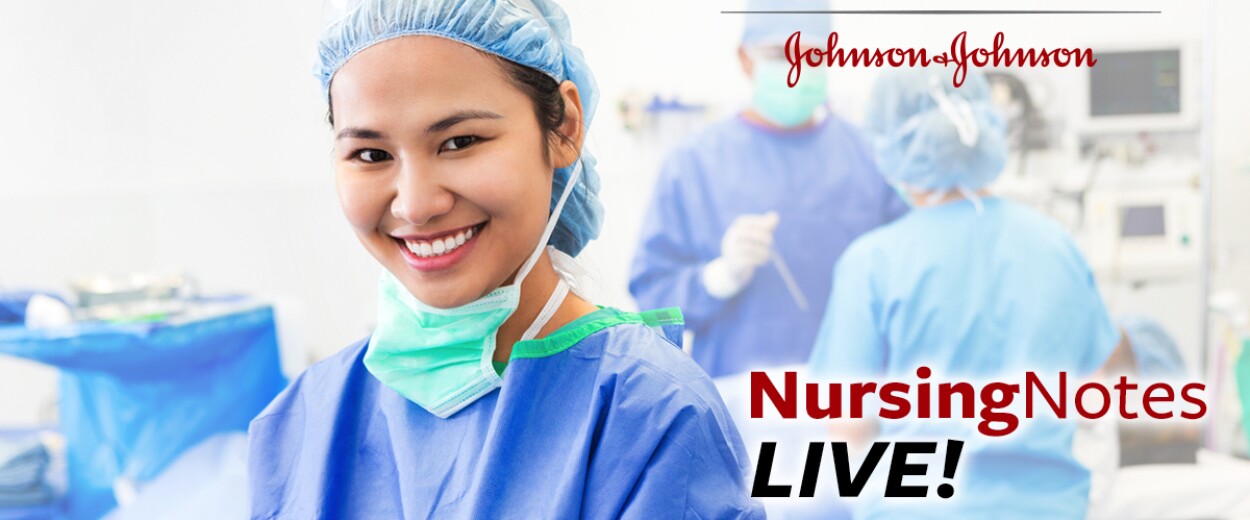 Nursing Notes Live promo banner with nurse in full scrubs and protective smock in OR setting