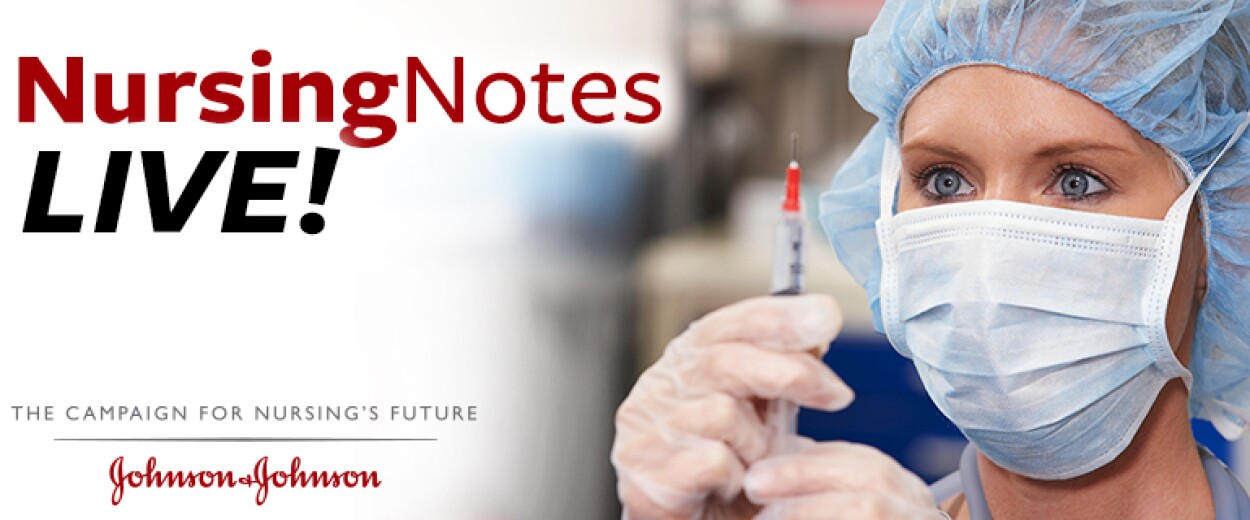 Nursing Notes Live promo banner with female nurse in hairnet and face mask preparing a needle