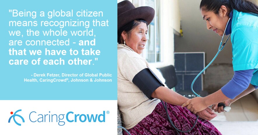 Caring Crowd promo banner with quote from Derek Fetzer and image of female nurse checking woman's blood pressure