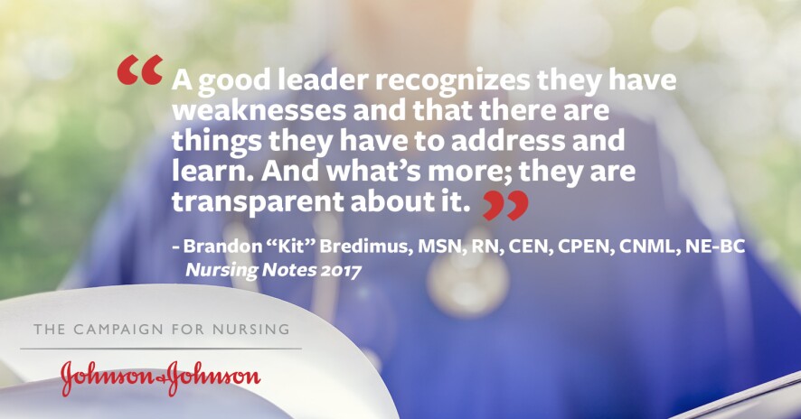 Brandon "Kit" Bredimus quote promo banner with image of nurse in scrubs blurred in background