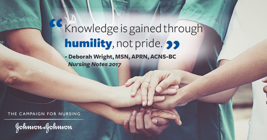 Deborah Wright quote promo banner with nurses in scrubs putting their hands together in a huddle