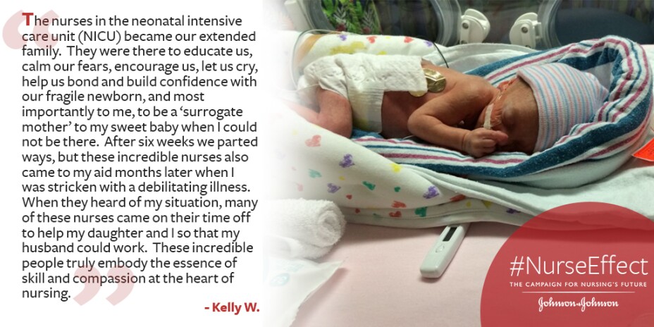 #NurseEffect promo banner with quote from Kelly W. and an image of a baby in NICU
