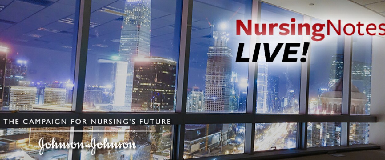 Nursing Notes Live promo banner with night skyline in the background