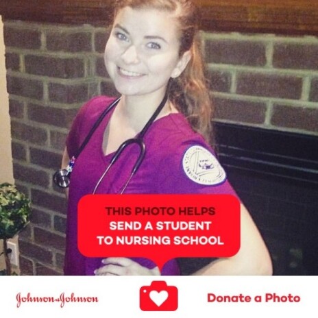 Donate a Photo promo with a young female nurse smiling in scrubs