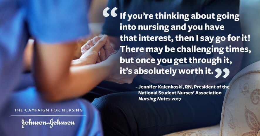 Jennifer Kalenkoski quote promo with nurse in scrubs holding hands and comforting elderly patient