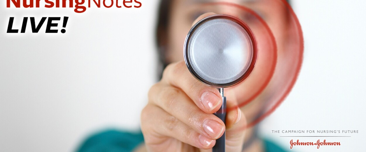 Nursing Notes Live promo banner, nurse holding stethoscope to camera