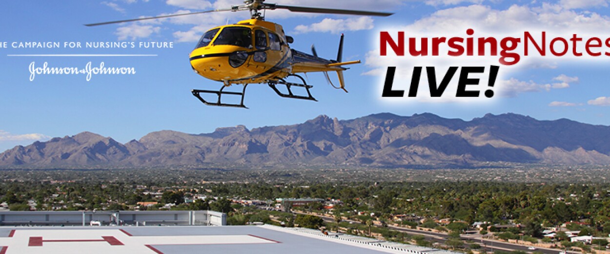 Nursing Notes Live promo banner with helicopter landing