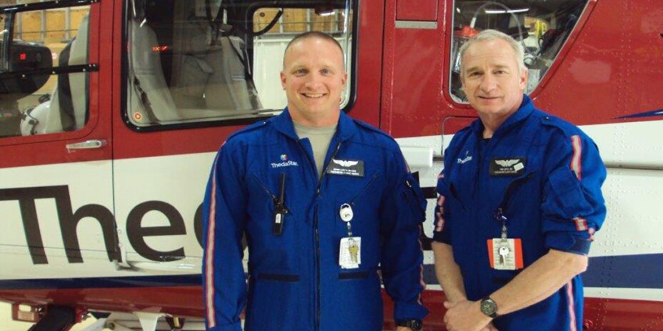 Male pilots in flight suits standing in front of helicopter