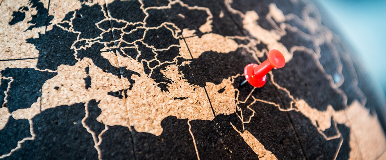 Close-up of cork globe with a push pin indicating a location