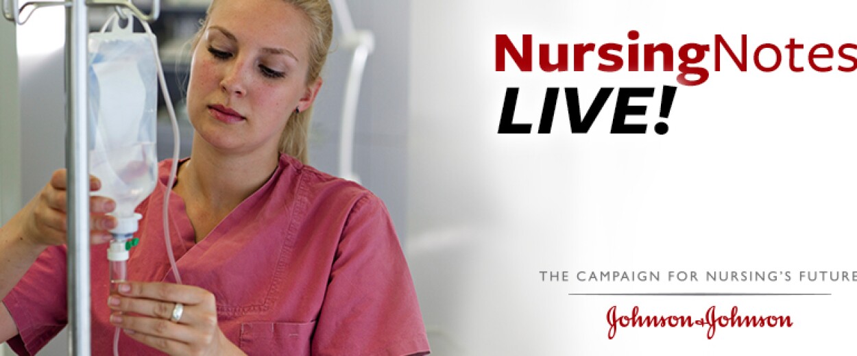 Nursing Notes Live promo banner with female nurse in scrubs setting up an IV