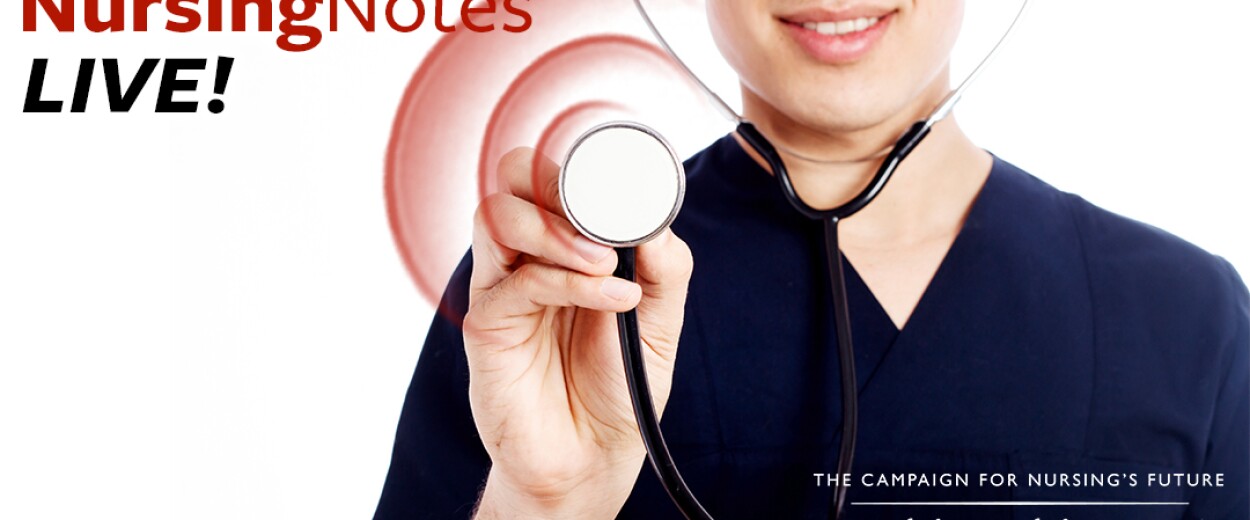 Nursing Notes Live promo banner with female nurse in scrubs holding stethoscope up to camera