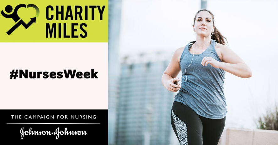 Charity Miles promo banner with woman running and smiling