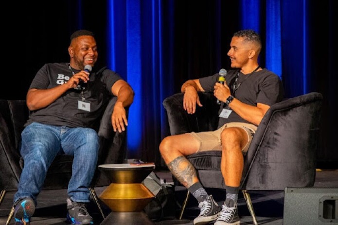 Aron King (left) and Carter Todd (right) speak at an event in Sacramento..jpeg