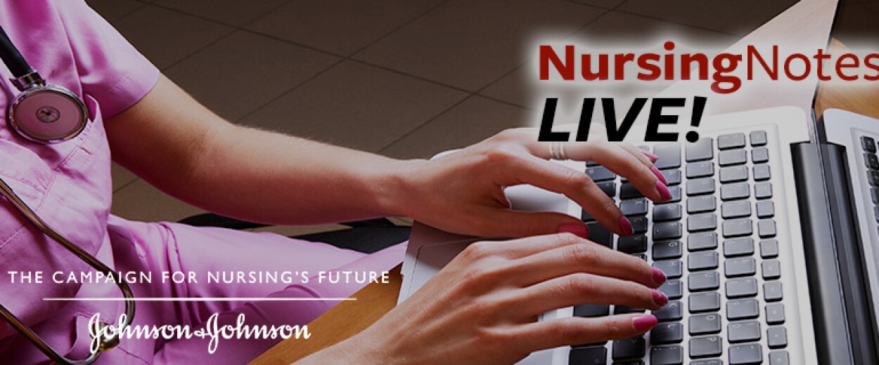 Nursing Notes Live promo banner female nurse in scrubs typing on computer