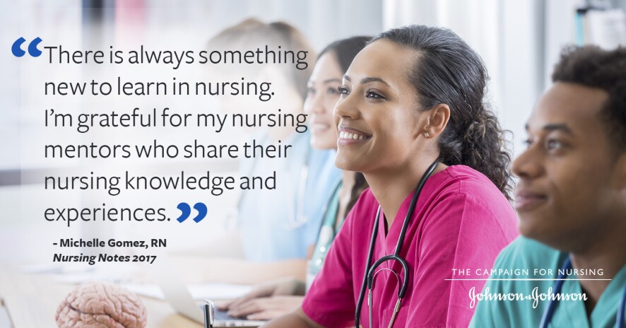 Michelle Gomez quote promo banner with smiling nurses in scrubs listening to a lecture
